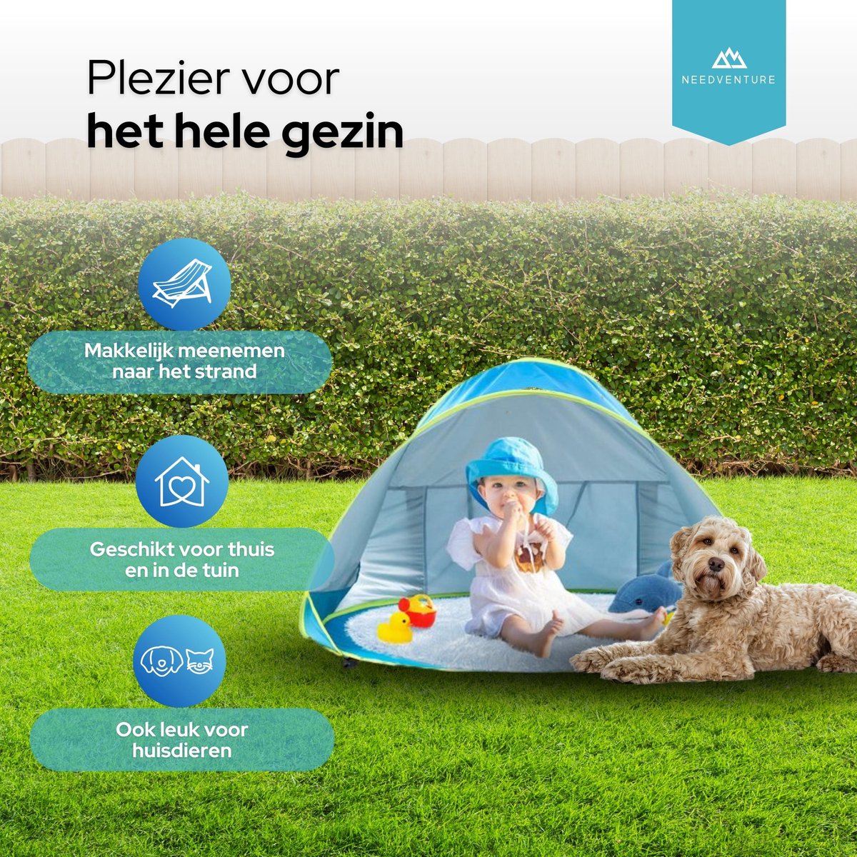  Needventure Baby Strandtent - Pop Up Tent - Windscherm Strand - Camping Strandtentje - Speeltent - Blauw