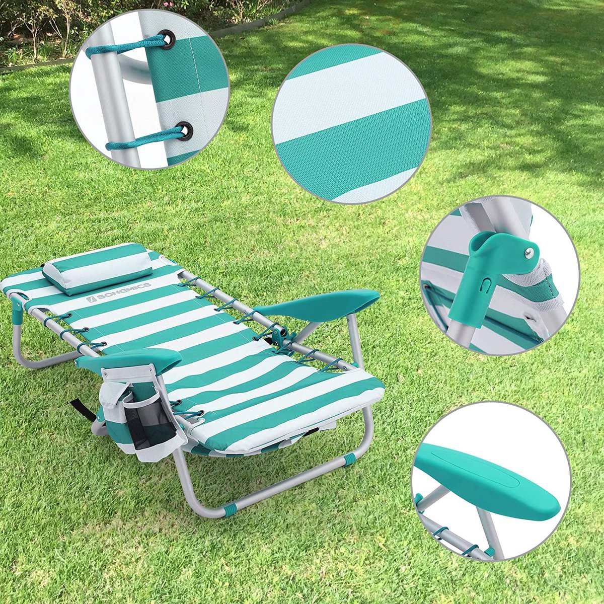  Strandstoel Met Afneembare Hoofdsteun, Draagbare Klapstoel, Campingstoel, Rugleuning Tot 180° Verstelbaar, Met Bekerhouder En Zijvak, Groene En Witte Strepen GCB62JW