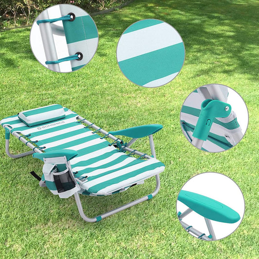  Strandstoel Met Afneembare Hoofdsteun, Draagbare Klapstoel, Campingstoel, Rugleuning Tot 180° Verstelbaar, Met Bekerhouder En Zijvak, Groene En Witte Strepen GCB62JW