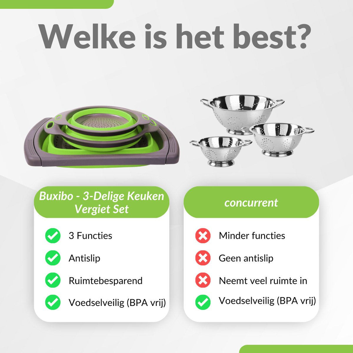  Buxibo - 3-Delige Keuken Vergiet Set Inklapbaar Groen/Grijs
