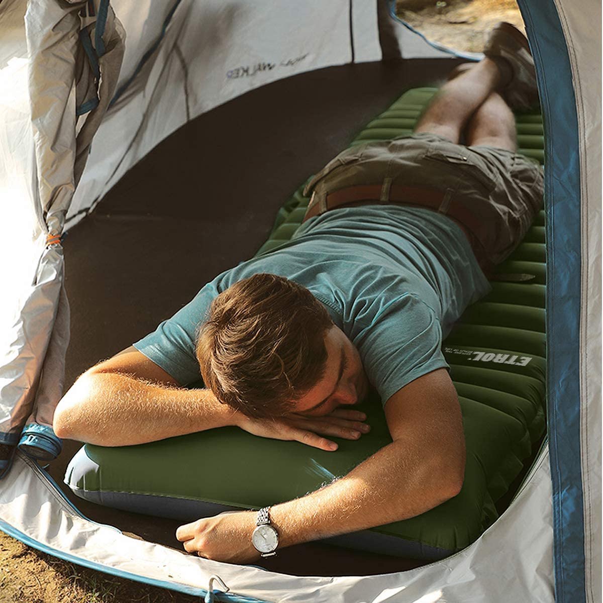  ETROL Camping Slaapmat-2-in-1 Zelfopblazende Kampeermat Met Kussen (78"x 28"), Lichtgewicht, Dik 4"compact Kussen, Geschikt Voor Zelfrijdende Reizen, Lekvrije, Waterdichte Tent