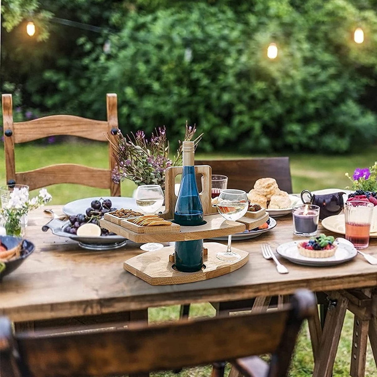 Merkloos Houten Outdoor Wijntafel Draagbare Houten Picknicktafel Mini Campingtafels Met Wijnglas Houder Voor Tuin Outdoor Camping Picknick Strand - Plataan Hout - Wijn