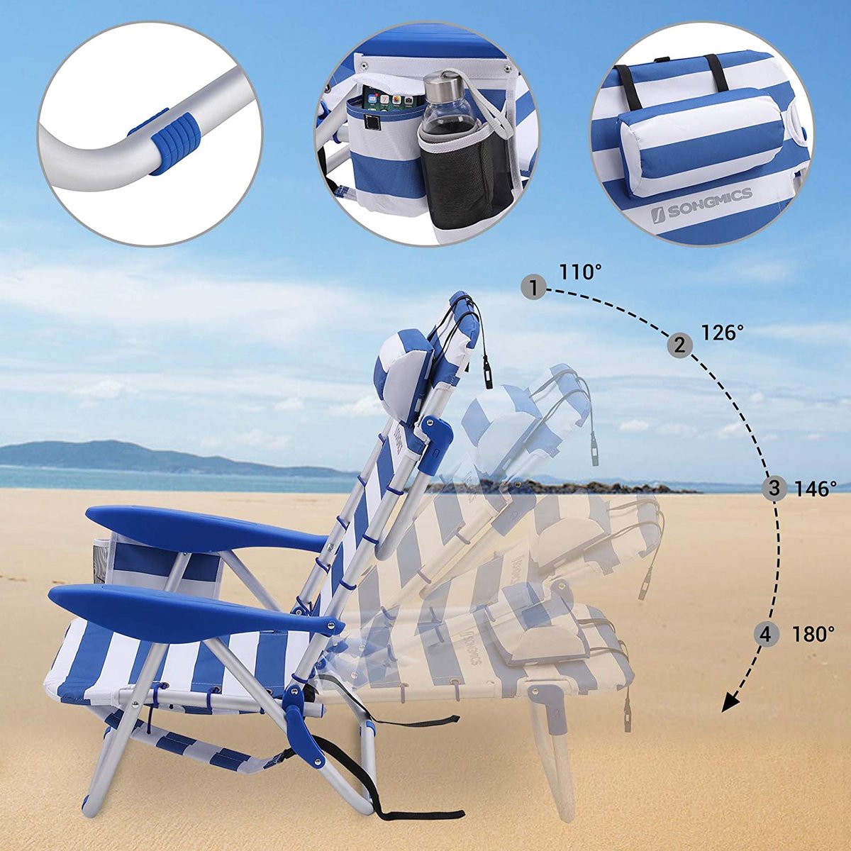  Naqsh Store Strandstoel Met Hoofdkussen, Aluminium, Draagbare Vouwstoel, Campingstoel, Opvouwbaar En Verstelbaar, Zoals Een Rugzak Draagbaar, Buitenstoel, Blauw En Wit Gestreept GCB62BU