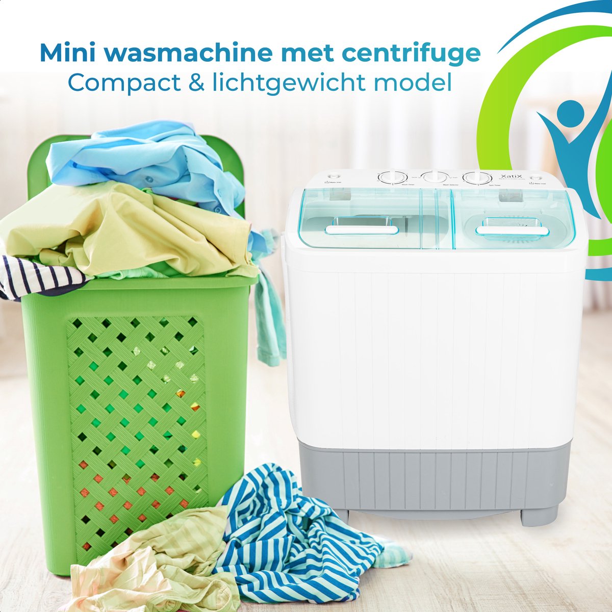  XatiX - Mini Wasmachine Met Dubbele Trommel 5,6 Kg - Toerental 1400