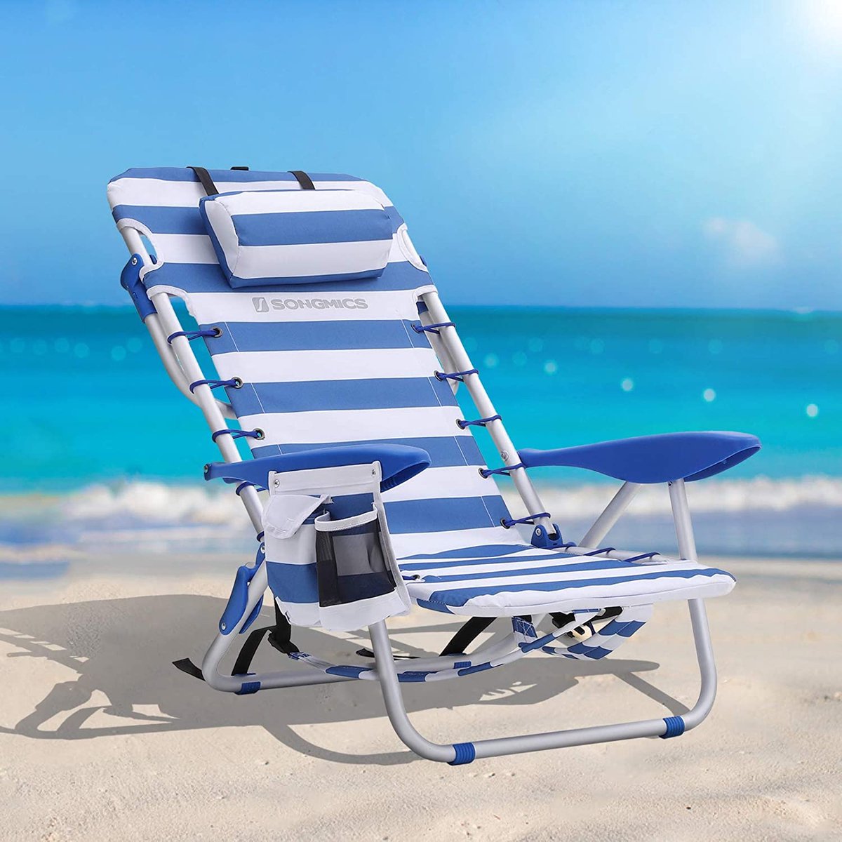  Naqsh Store Strandstoel Met Hoofdkussen, Aluminium, Draagbare Vouwstoel, Campingstoel, Opvouwbaar En Verstelbaar, Zoals Een Rugzak Draagbaar, Buitenstoel, Blauw En Wit Gestreept GCB62BU