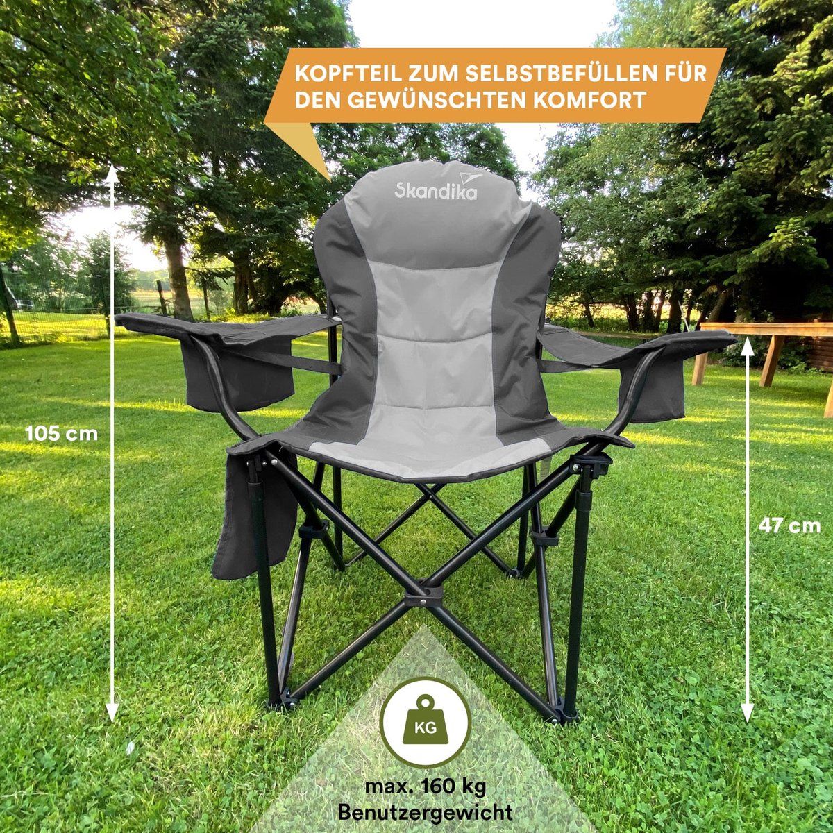  Skandika Relax Comfort Campingstoel - Campingstoel Opvouwbaar - Comfortabele Klapstoel Met Drinkhouder En Koelvak, Tot Max. 160 Kg, Opvouwbaar, Lichtgewicht | Vouwstoel Voor Kamperen, Camping, Festival, Vissen – Grijs