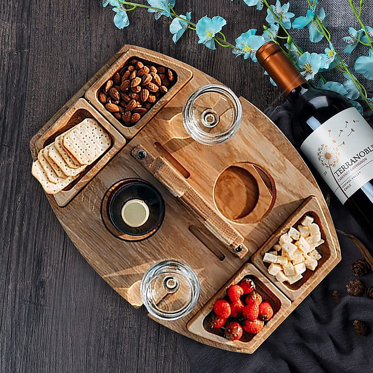 Merkloos Houten Outdoor Wijntafel Draagbare Houten Picknicktafel Mini Campingtafels Met Wijnglas Houder Voor Tuin Outdoor Camping Picknick Strand - Plataan Hout - Wijn