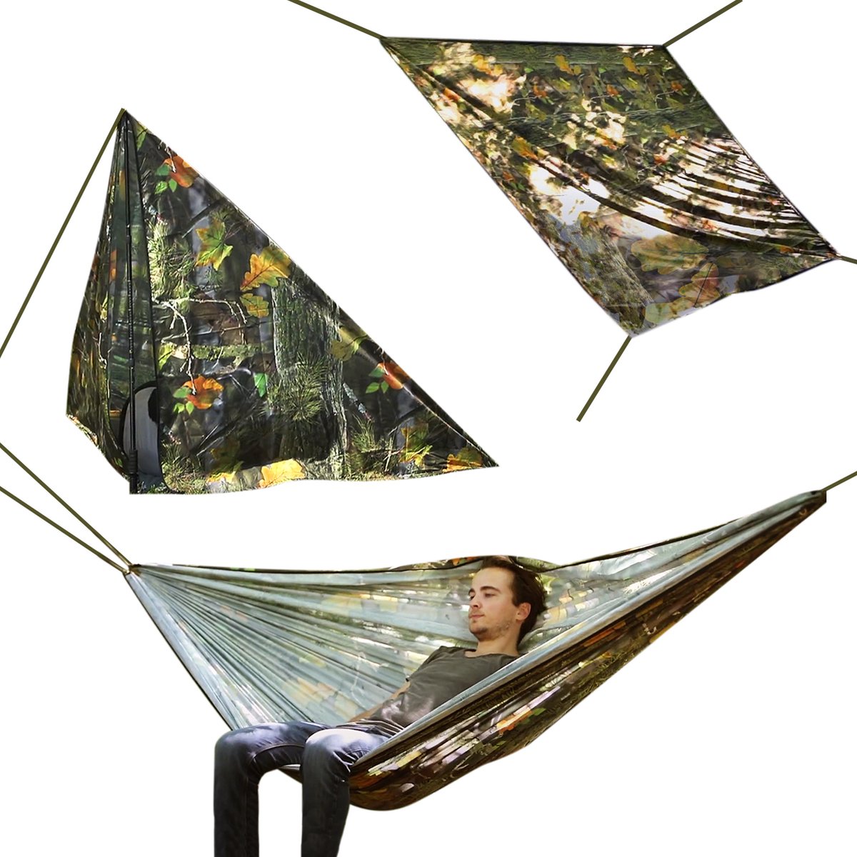  MacGyver® ‘3-in-1’ Tent | Tarp – Schaduwdoek – Hangmat | Strandtent | Outdoor-tent | Shelter | Vistent | 280 X 280 Cm | Camouflage | Waterdicht | Lichtgewicht