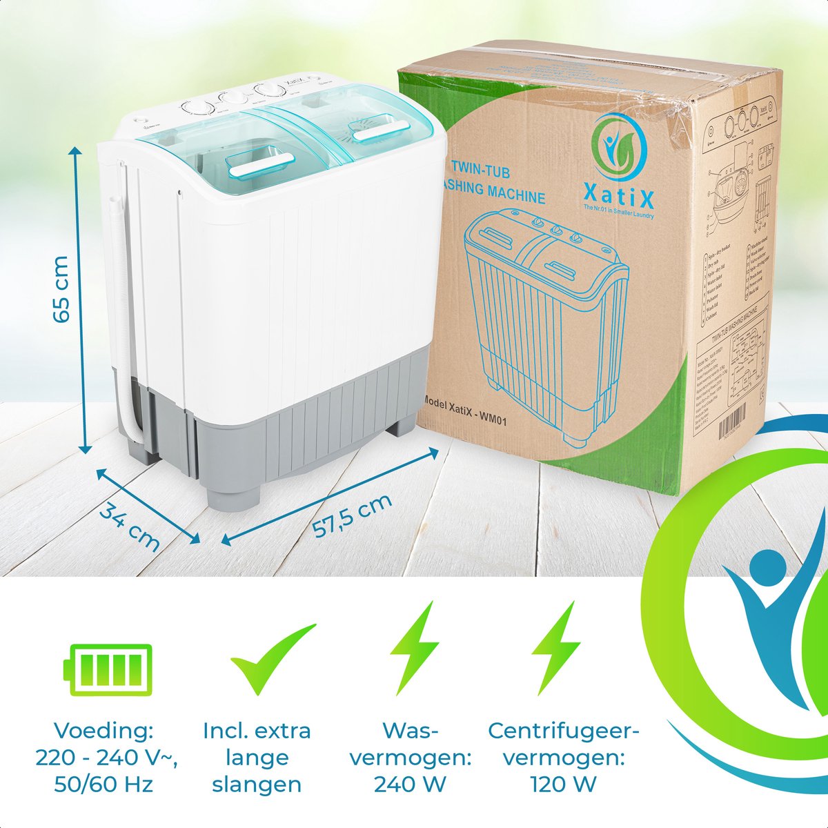  XatiX - Mini Wasmachine Met Dubbele Trommel 5,6 Kg - Toerental 1400
