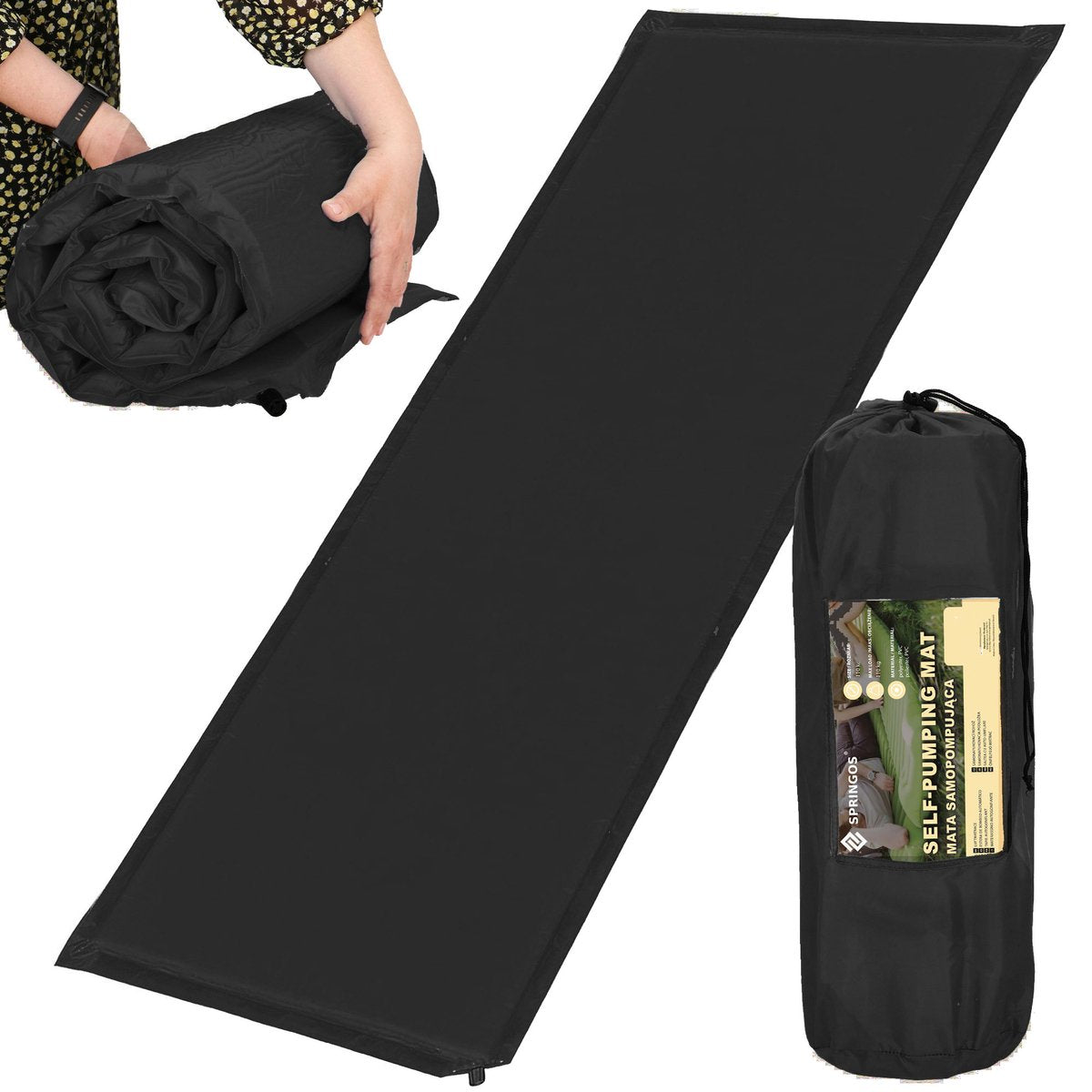  Springos Slaapmat | Zelfopblazend | 180 Cm | Inclusief Hoes | Zwart