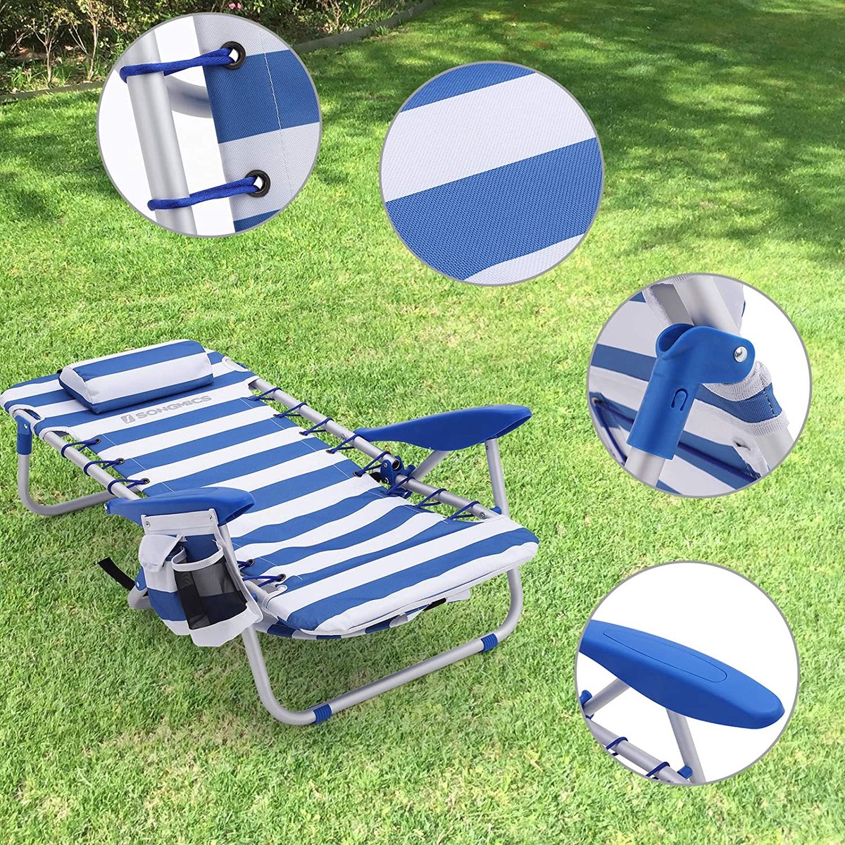  Naqsh Store Strandstoel Met Hoofdkussen, Aluminium, Draagbare Vouwstoel, Campingstoel, Opvouwbaar En Verstelbaar, Zoals Een Rugzak Draagbaar, Buitenstoel, Blauw En Wit Gestreept GCB62BU
