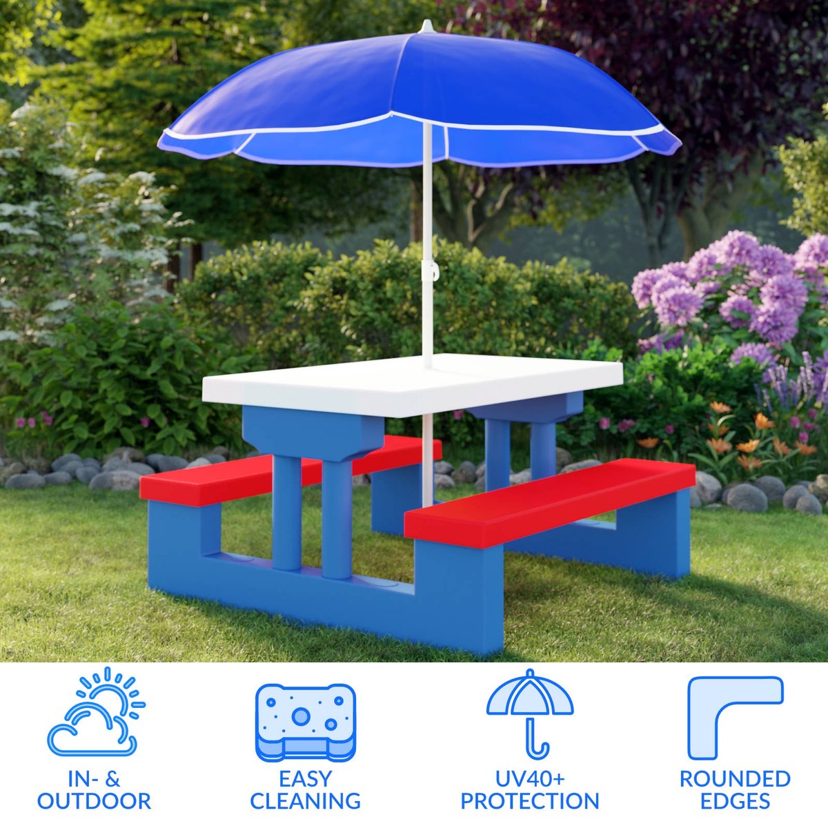 Merkloos Kinder Picknicktafel Met Parasol - Blauw