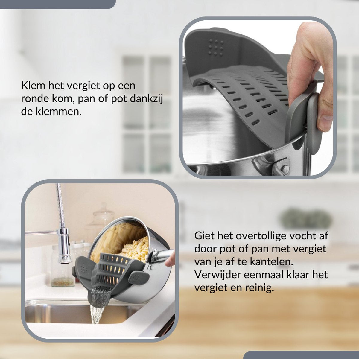  SensaHome- Siliconen Vergiet - Keuken Afgietdeksel - Afgiethulp - Siliconen - BPA Vrij - Grijs