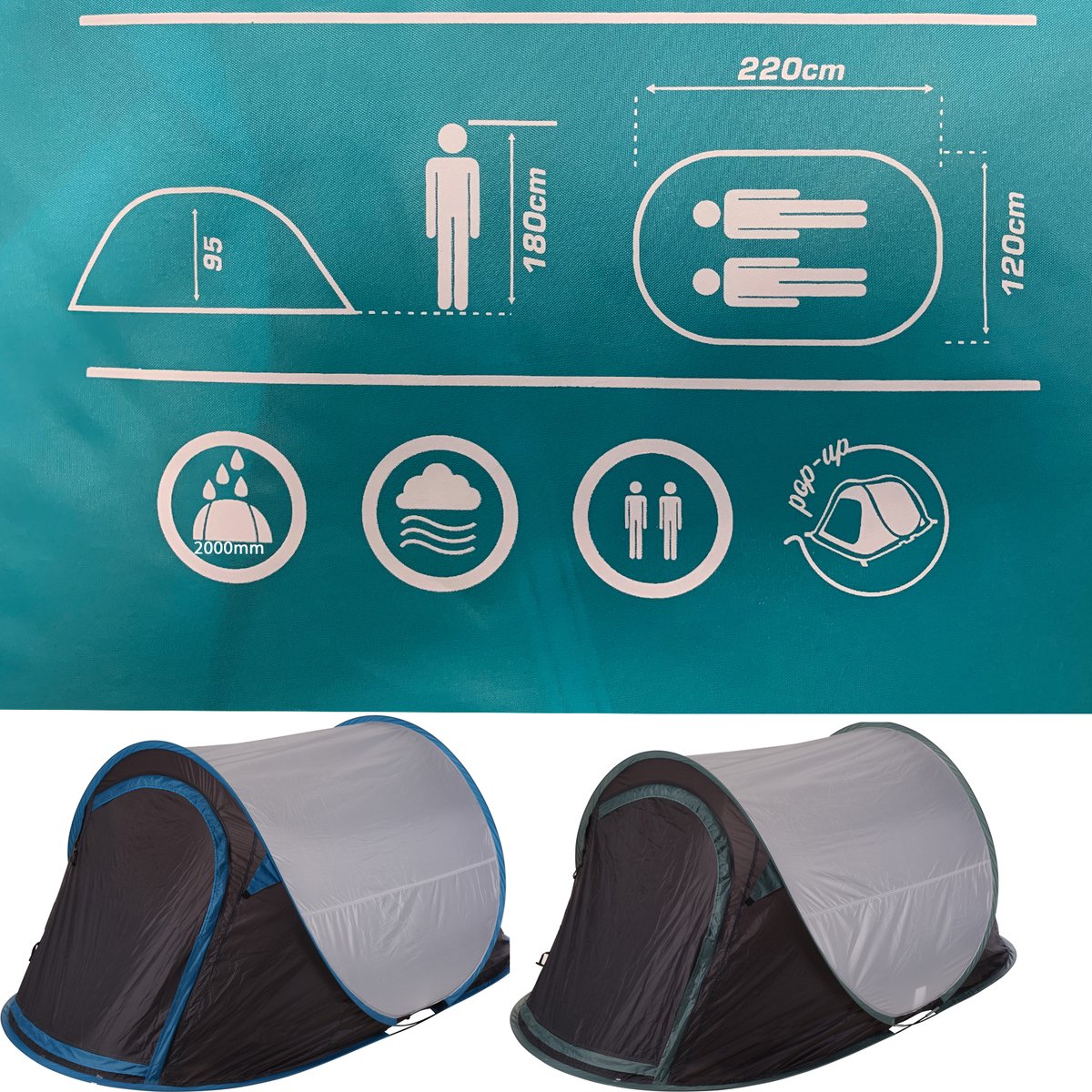  JEMIDI Tweepersoons Pop-up Tent - Opgooitent, Werptent Voor 2 Personen - Ideaal Als Festivaltent Of Kampeertent - Verschillende Kleuren