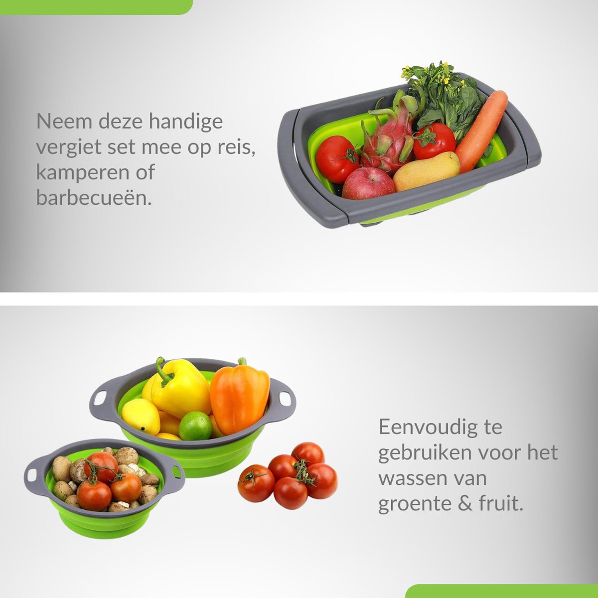  Buxibo - 3-Delige Keuken Vergiet Set Inklapbaar Groen/Grijs