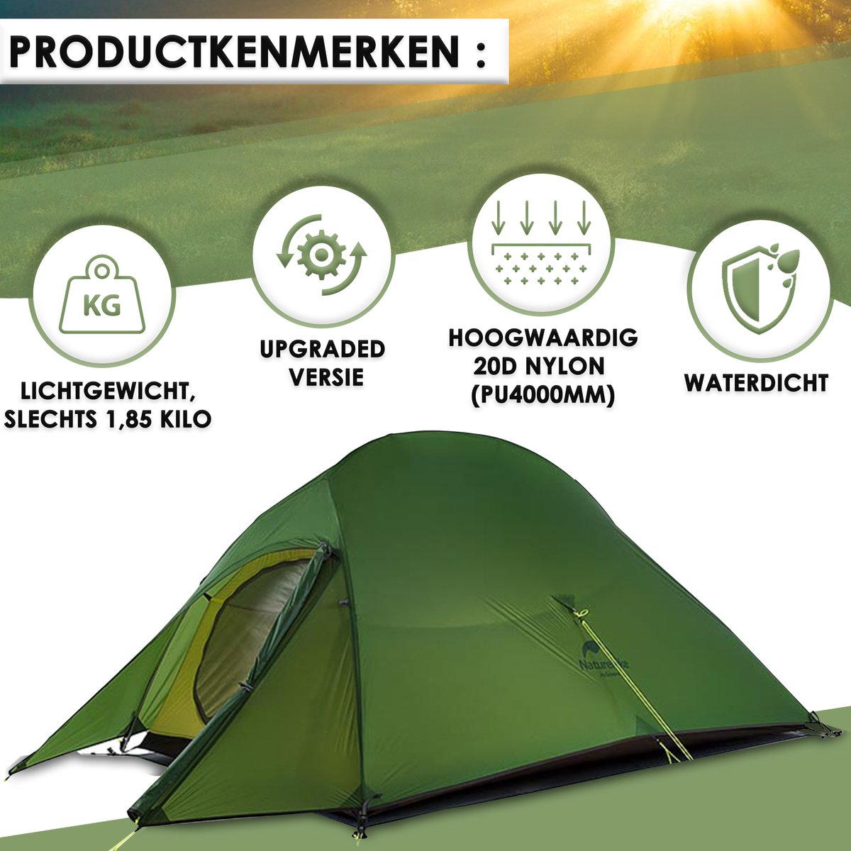  Cloud Up 3 Upgraded - Naturehike® - Tent 3 Persoons - Lichtgewicht Tent - Incl. Grondzeil - 20D 4000MM - Outdoor Kampeertent - Waterdicht - Hiking &amp; Wandelen