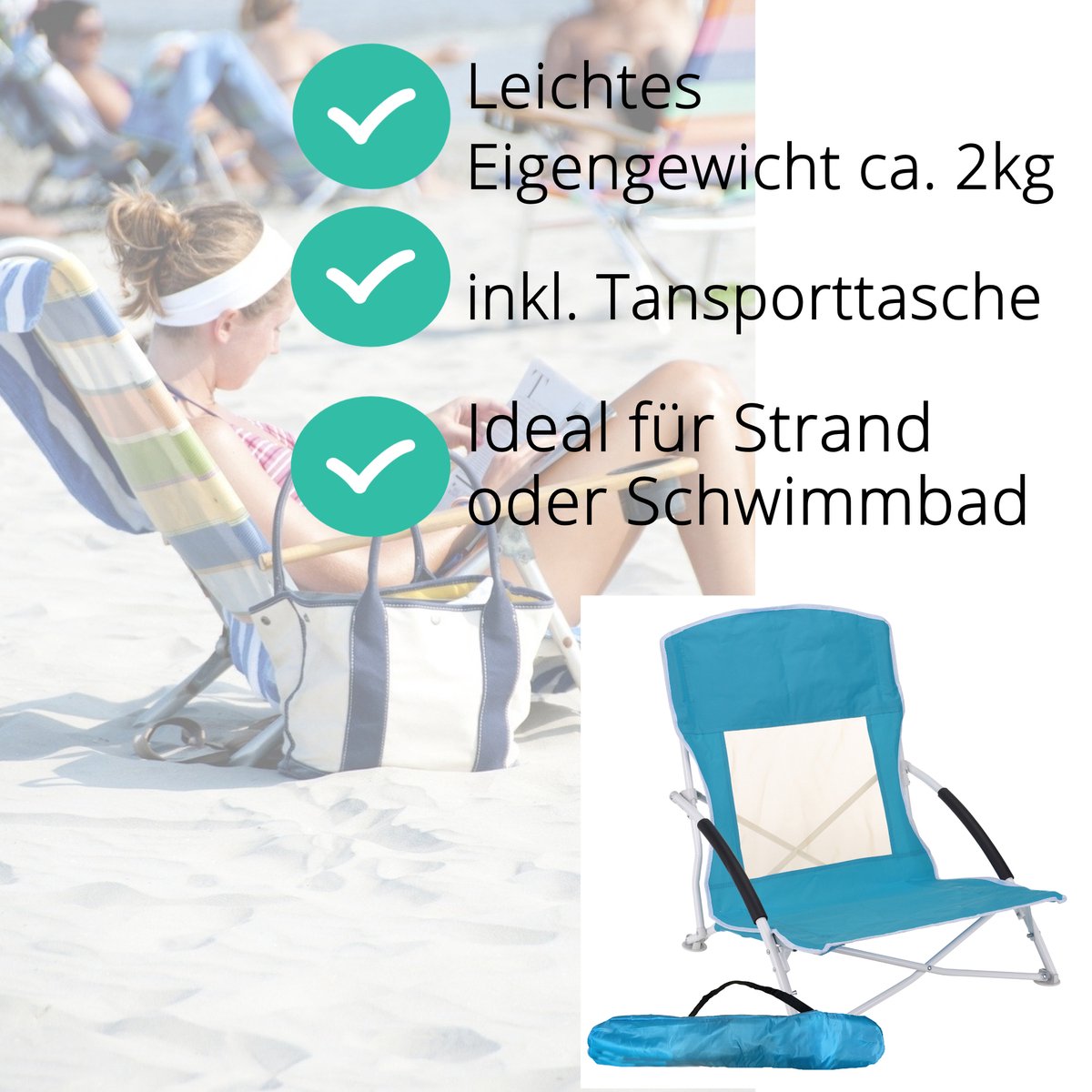 JEMIDI Lichtgewicht Inklapbare Draagbare Strandstoel - Opvouwbare Campingstoel Met Draagtas - Ademend En Comfortabel