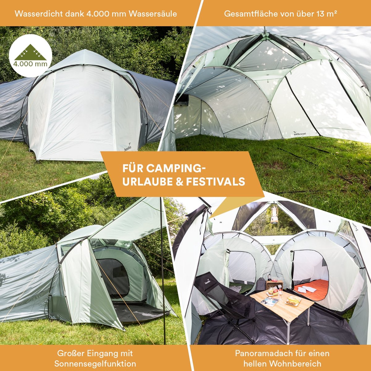  Skandika Bern 4 Koepeltent - Koepeltent - Tenten - 4 Persoons Kampeertent Met Panoramisch Dakraam, 2 Slaapcabines, Grondzeil, 210 Cm Stahoogte, Waterdicht, 4000 Mm Waterkolom - Grote Outdoor Familie Tent, Kampeertent - Grijs