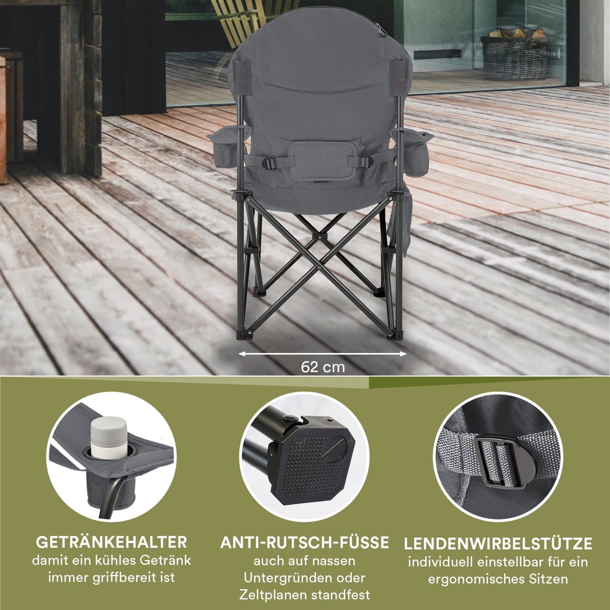  Skandika Relax Comfort Campingstoel - Campingstoel Opvouwbaar - Comfortabele Klapstoel Met Drinkhouder En Koelvak, Tot Max. 160 Kg, Opvouwbaar, Lichtgewicht | Vouwstoel Voor Kamperen, Camping, Festival, Vissen – Grijs