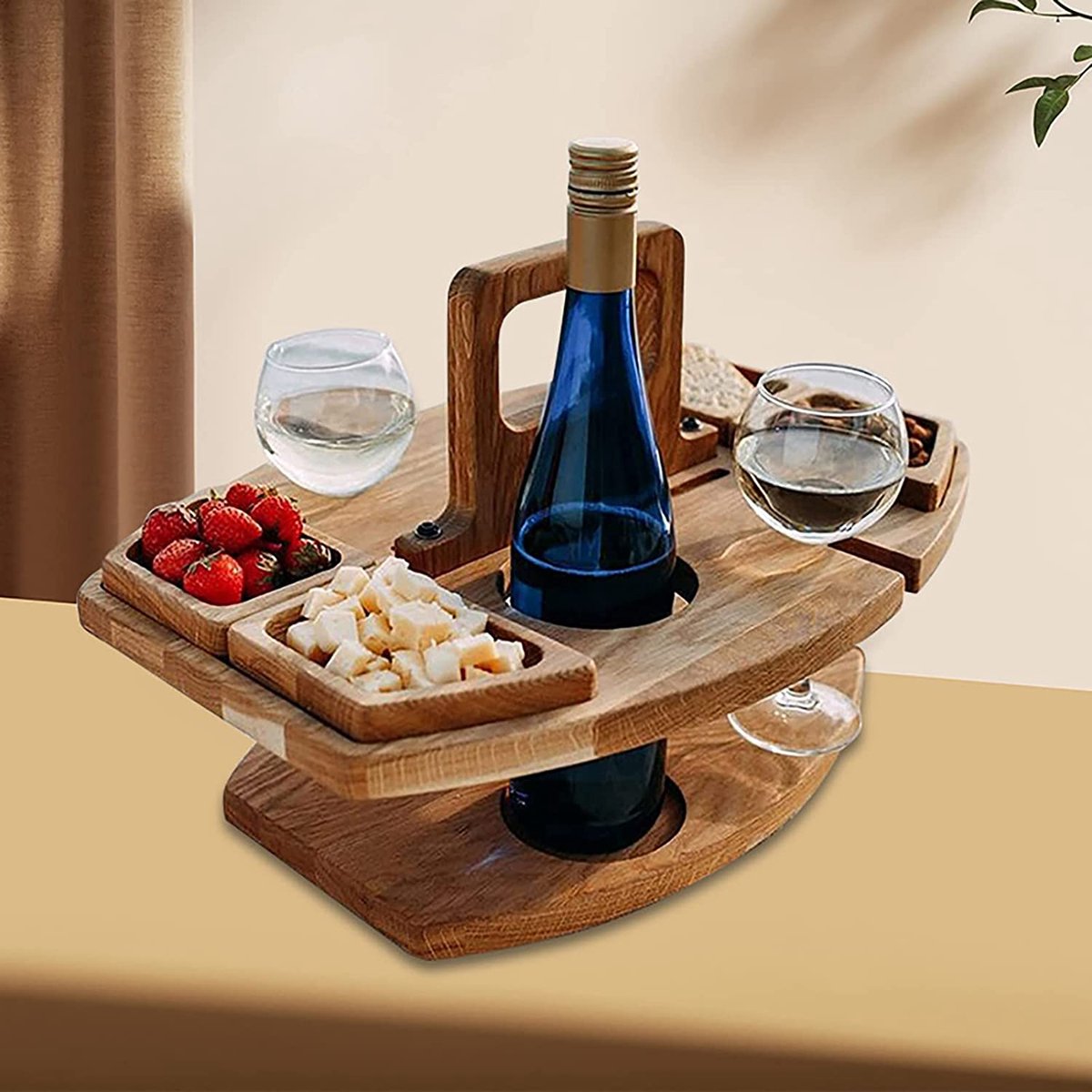 Merkloos Houten Outdoor Wijntafel Draagbare Houten Picknicktafel Mini Campingtafels Met Wijnglas Houder Voor Tuin Outdoor Camping Picknick Strand - Plataan Hout - Wijn