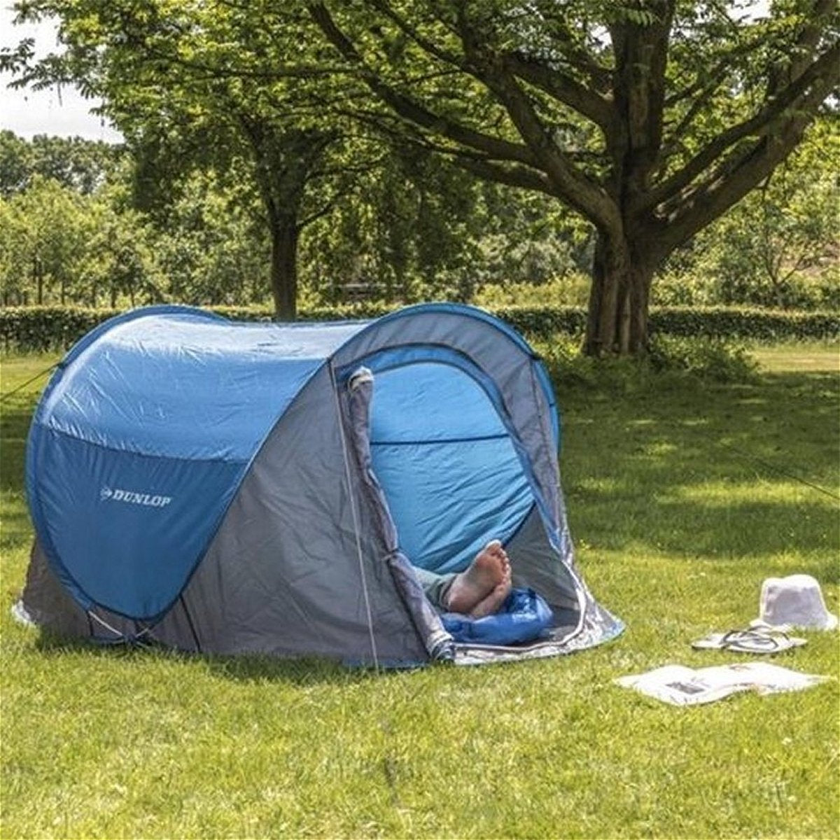  Dunlop Pop Up Tent 220 X 120 X 90 Cm - Grijs/ Blauw - 1 Persoons