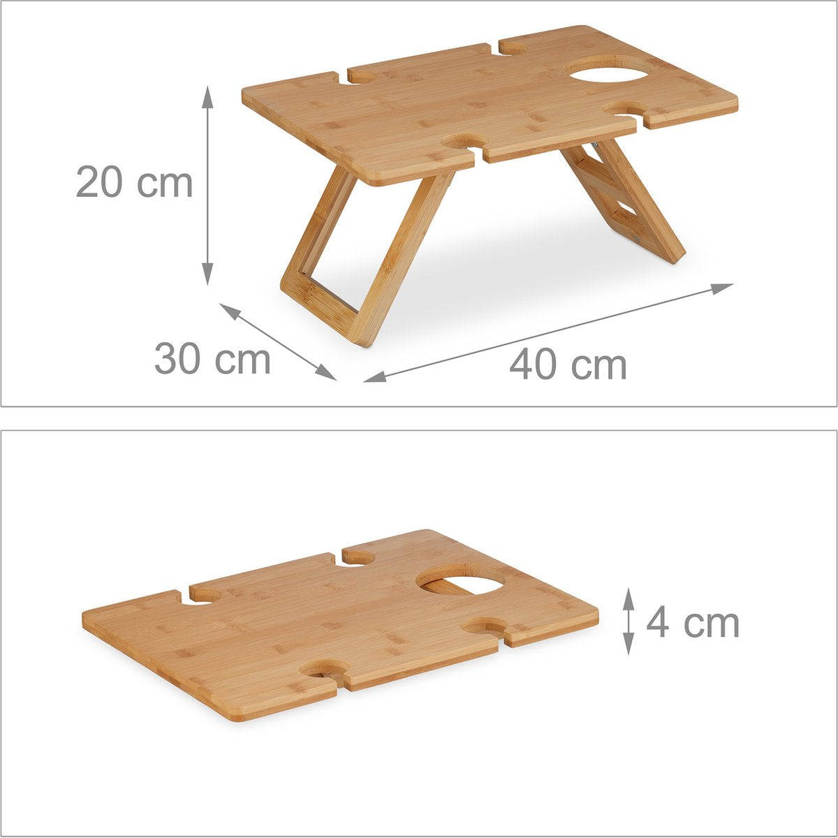  Relaxdays Opvouwbare Picknick Wijntafel - 4 Wijnglazenhouders - Bamboe Dienbladtafel Klein