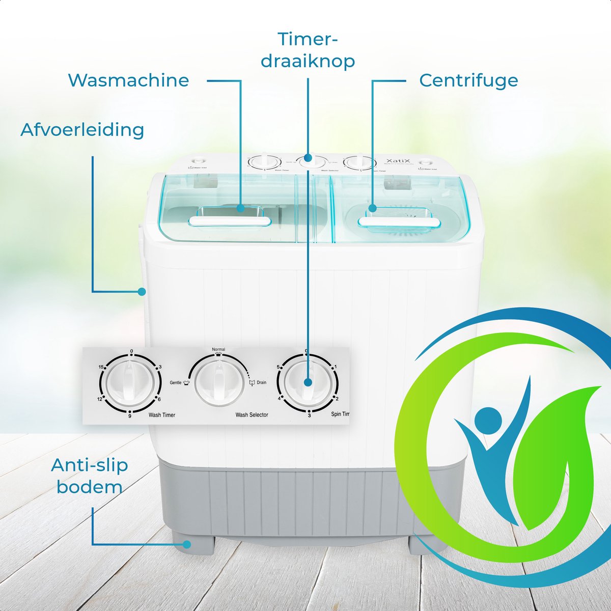  XatiX - Mini Wasmachine Met Dubbele Trommel 5,6 Kg - Toerental 1400