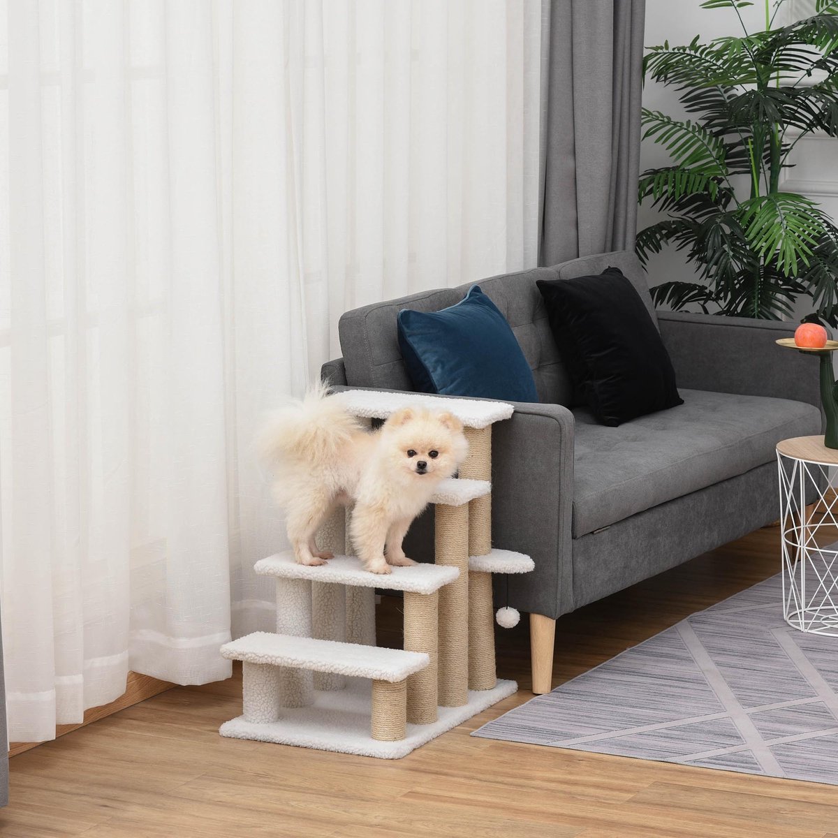  PawHut Huisdierentrap Met Krabpaal Bal 4 Treden Kattentrap Dierentrap Pluche Jute D06-093