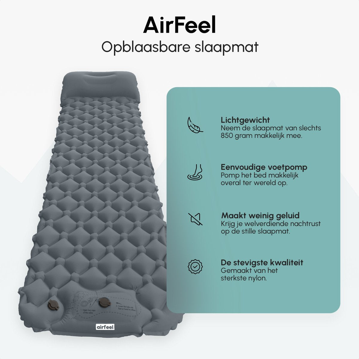  AirFeel Opblaasbaar Slaapmatje - Ingebouwde Pomp En Kussen - Lichtgewicht - 196 X 60 X 6cm - Gray