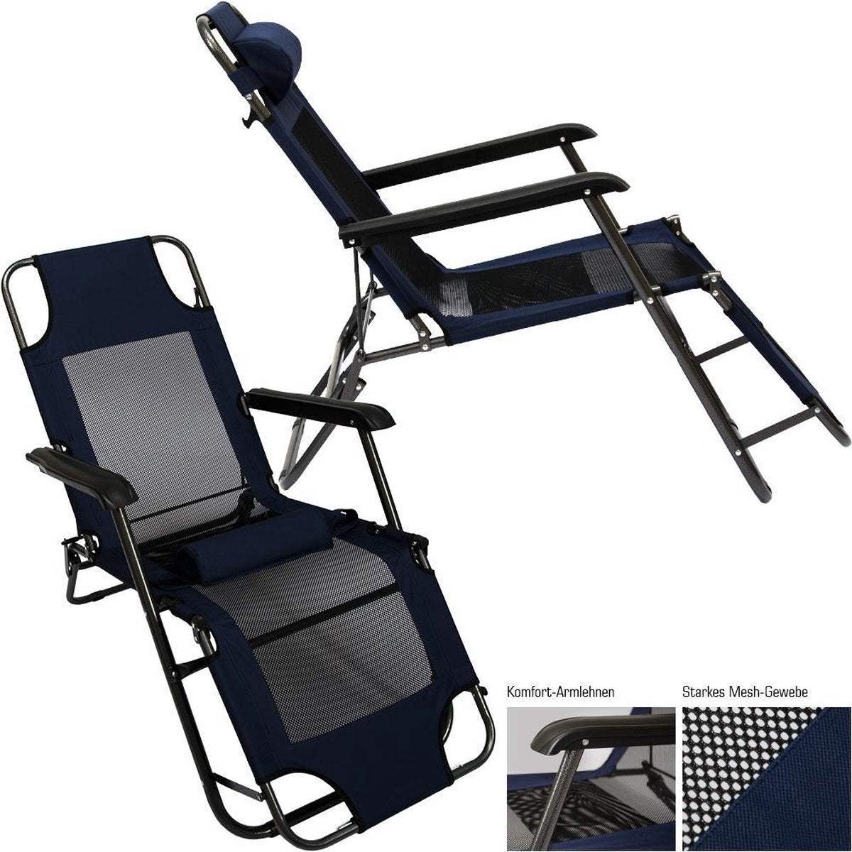  Ligstoel 155x60cm - Opvouwbaar Campingstoel Ligbed Strandstoel Tuinstoel Vouwligstoel Blauw