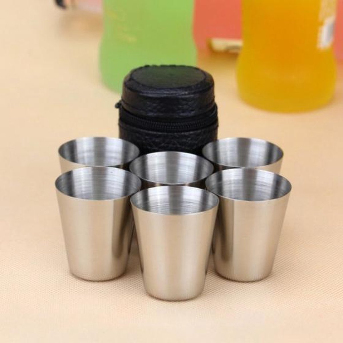  6x Rvs Shot Bekertjes - Borrelglaasjes - Thee/ Koffie Beker - Shotjes Met Leren Case - Bekers 30 ML