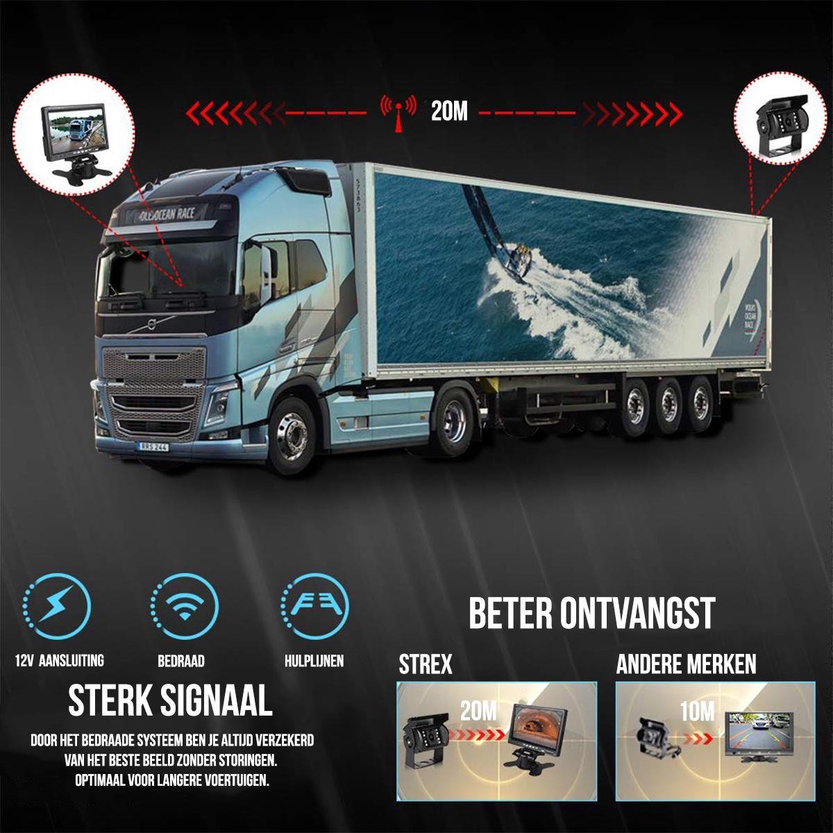  Strex Achteruitrijcamera Set Bedraad Met 2 Camera's (tegelijk Bekijken) - 7" Scherm - 18LED Nachtzicht 15m - IP67 Waterdicht - Achteruitrij Camera