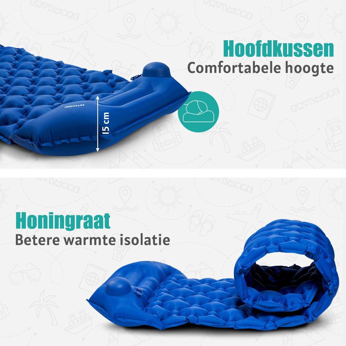  TRVLMORE Slaapmat - Zelfopblazend - 1 Persoons - Ingebouwde Pomp En Kussen - Blauw