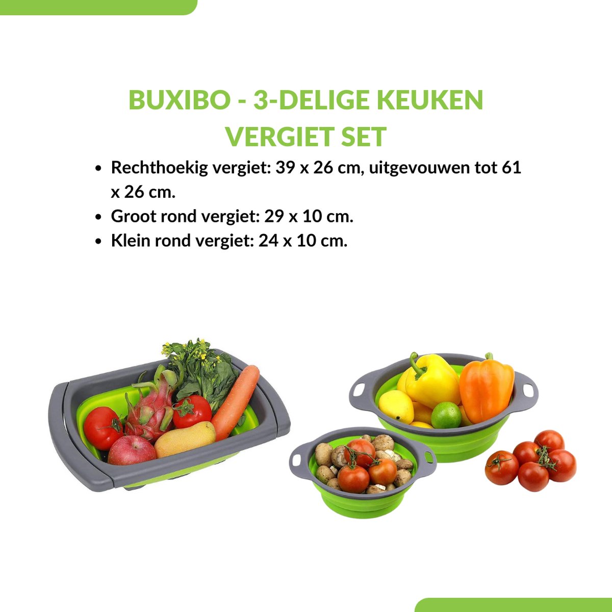  Buxibo - 3-Delige Keuken Vergiet Set Inklapbaar Groen/Grijs