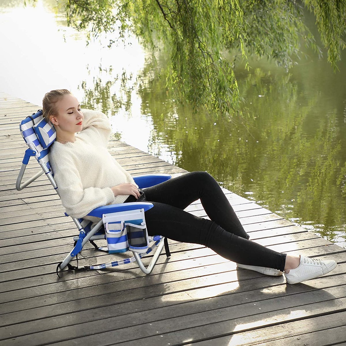  Naqsh Store Strandstoel Met Hoofdkussen, Aluminium, Draagbare Vouwstoel, Campingstoel, Opvouwbaar En Verstelbaar, Zoals Een Rugzak Draagbaar, Buitenstoel, Blauw En Wit Gestreept GCB62BU