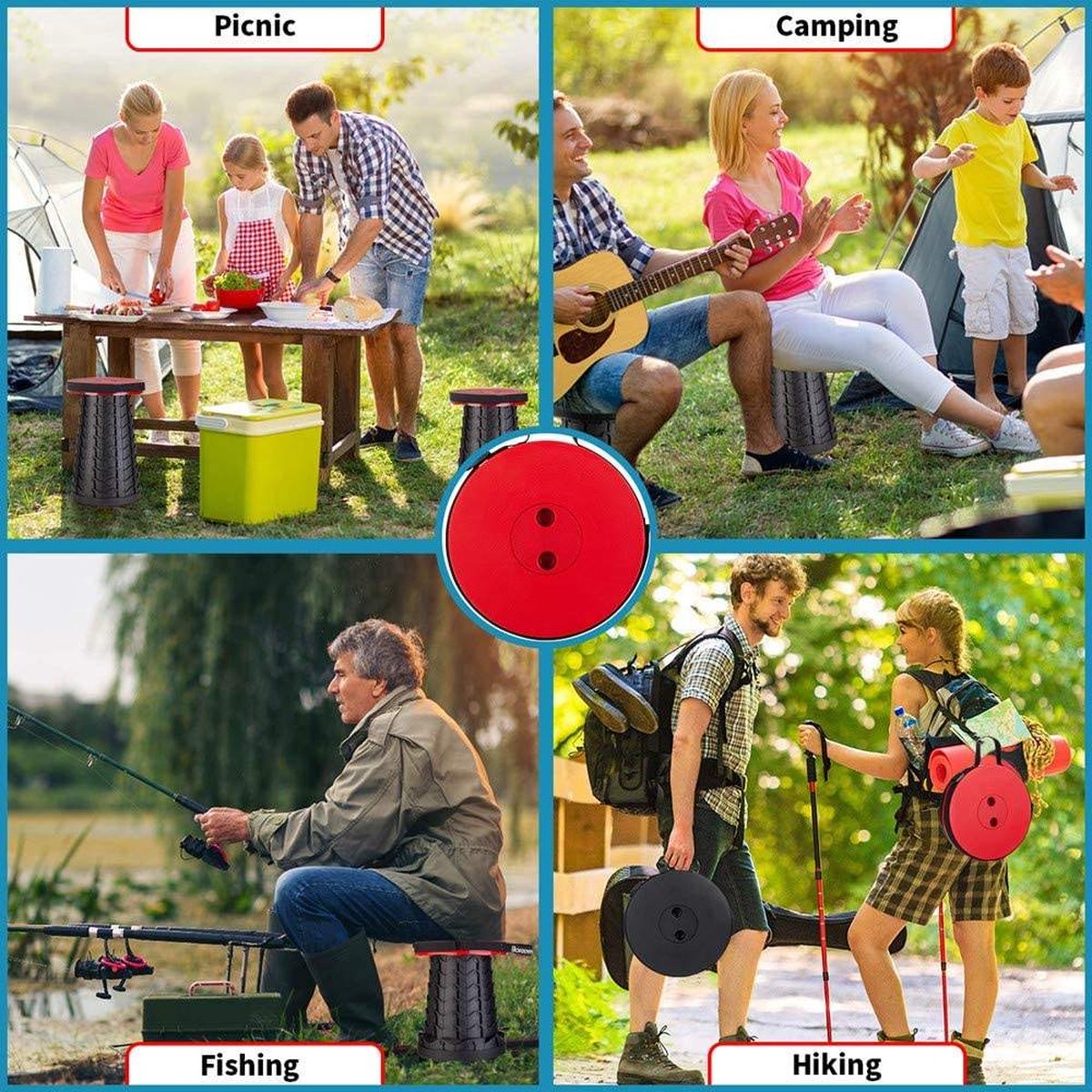  Kampeerkruk - Uitschuifbare Kruk - Rood/Zwart- Tot 120 Kg - Travel Stool - Opvouwbare Campingkruk - Inklapbaar Krukje - Telescopische Kruk - Camping - Outdoor
