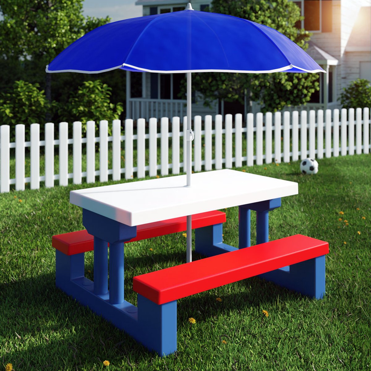Merkloos Kinder Picknicktafel Met Parasol - Blauw