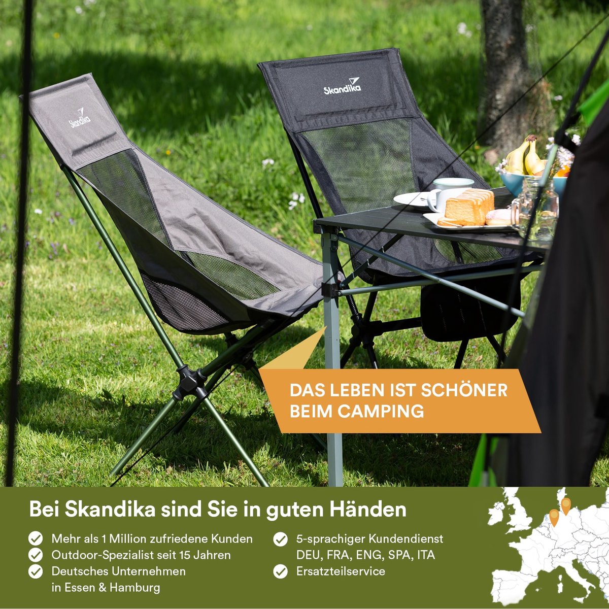  Skandika Campingstoel Compact – Campingstoelen - Campingstoel Tot 150 Kg Belastbaar - Kampeerstoel, Visstoel, Kleine Pakmaat, Opvouwbaar, Stabiel, Licht, Comfortabel Gepolsterd – Draagtas Meegeleverd - Vouwstoel – Zwart