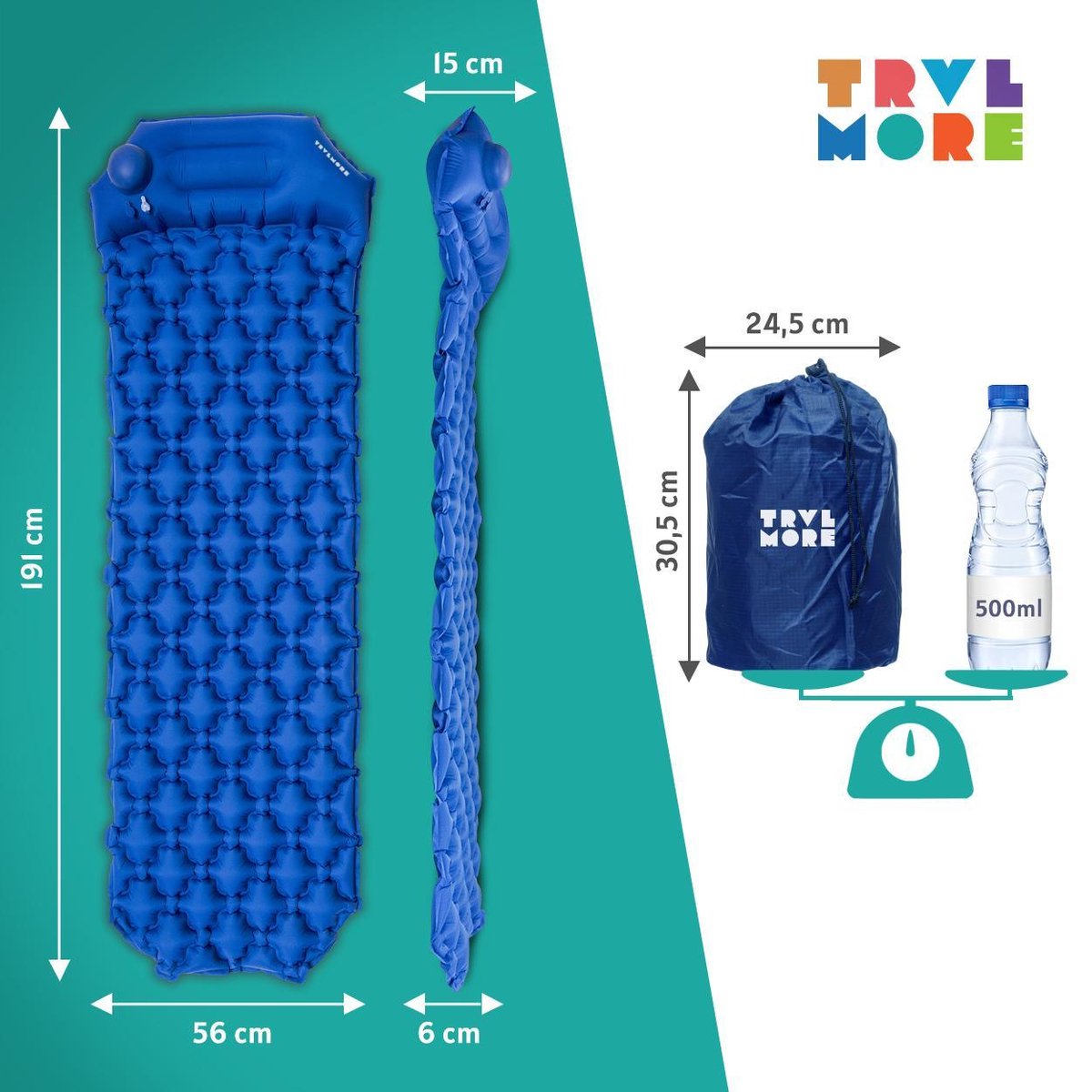  TRVLMORE Slaapmat - Zelfopblazend - 1 Persoons - Ingebouwde Pomp En Kussen - Blauw