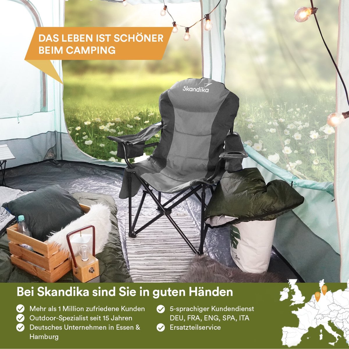  Skandika Relax Comfort Campingstoel - Campingstoel Opvouwbaar - Comfortabele Klapstoel Met Drinkhouder En Koelvak, Tot Max. 160 Kg, Opvouwbaar, Lichtgewicht | Vouwstoel Voor Kamperen, Camping, Festival, Vissen – Grijs