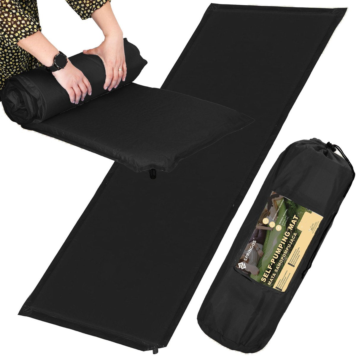  Springos Slaapmat | Zelfopblazend | 180 Cm | Inclusief Hoes | Zwart