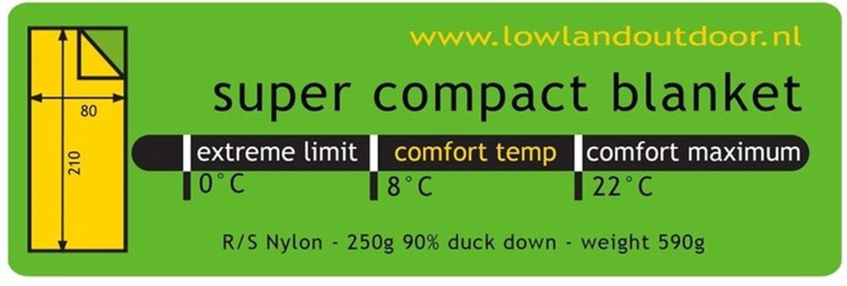 LOWLAND OUTDOOR® Donzen Slaapzak - Super Compact Blanket - 210 X 80 Cm - 590gr +8°C