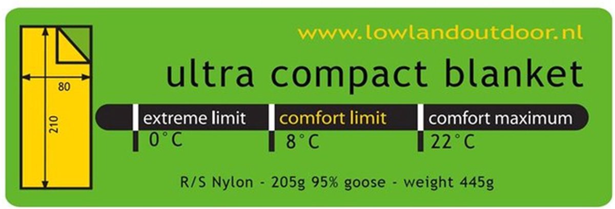  LOWLAND OUTDOOR® Ultra Compact Blanket - Donzen Slaapzak - Gewicht 495g - 210x80 Cm - Comfort Temperatuur +8°C