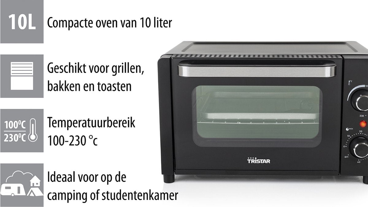  Tristar Oven OV-3615 - Camping Oven 10 Liter - 800 Watt - Vrijstaande Kleine Oven - Zwart