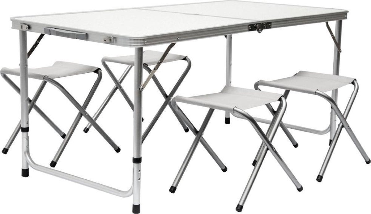  Inklapbare, In Hoogte Verstelbare Campingtafel 120x60x70cm Incl. 4 Inklapbare Krukken Campingtafel S