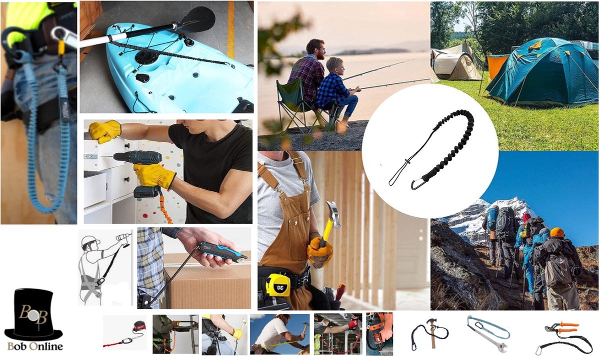  Bob Online ™ - 1 Stuk – Zwart – Gereedschaplijn – Gereedschaplanyard – Elasticate Tool Lanyard – Maximum Load Capacity 2 Kg – Elastisch Gereedschap Lanyard – Gereedschap Valbeveiliging Koord