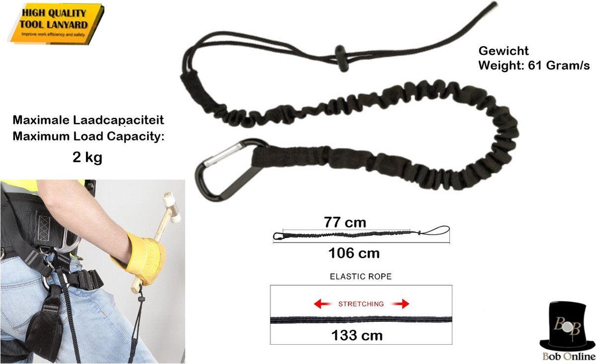  Bob Online ™ - 1 Stuk – Zwart – Gereedschaplijn – Gereedschaplanyard – Elasticate Tool Lanyard – Maximum Load Capacity 2 Kg – Elastisch Gereedschap Lanyard – Gereedschap Valbeveiliging Koord