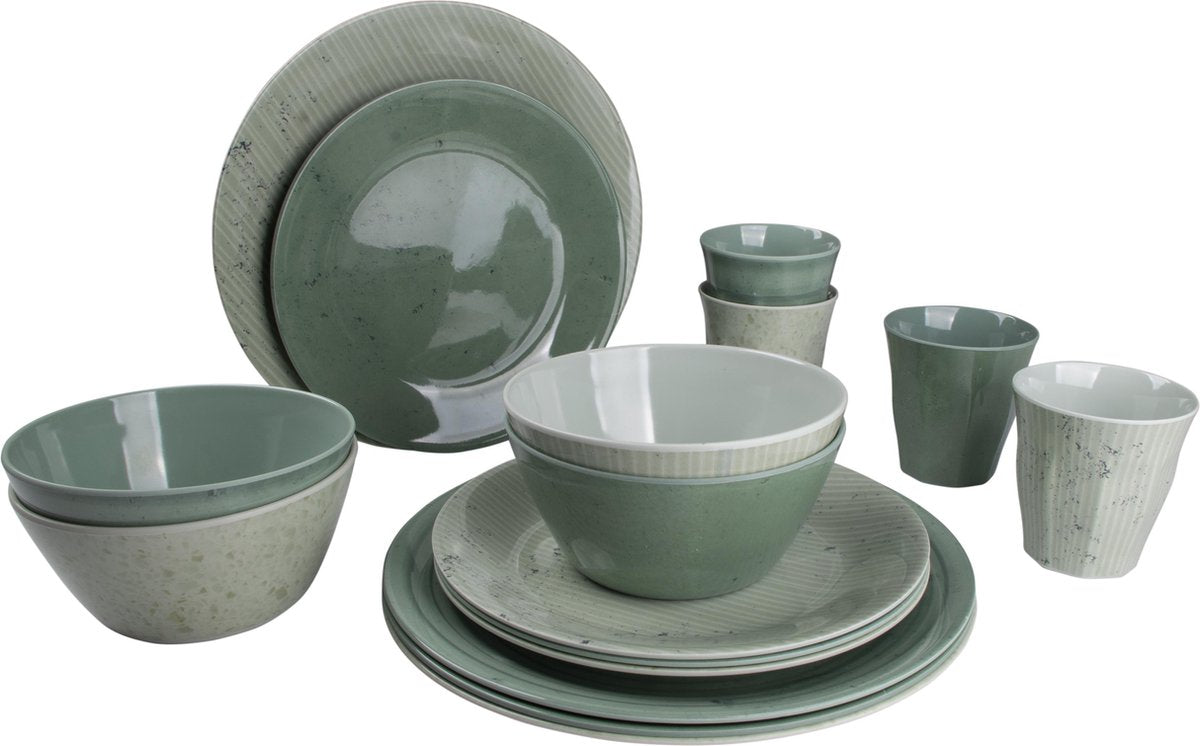  Bo-Camp Servies - Campingbord - 100% Melamine - 16 Delig - Mix &amp; Match - Groen