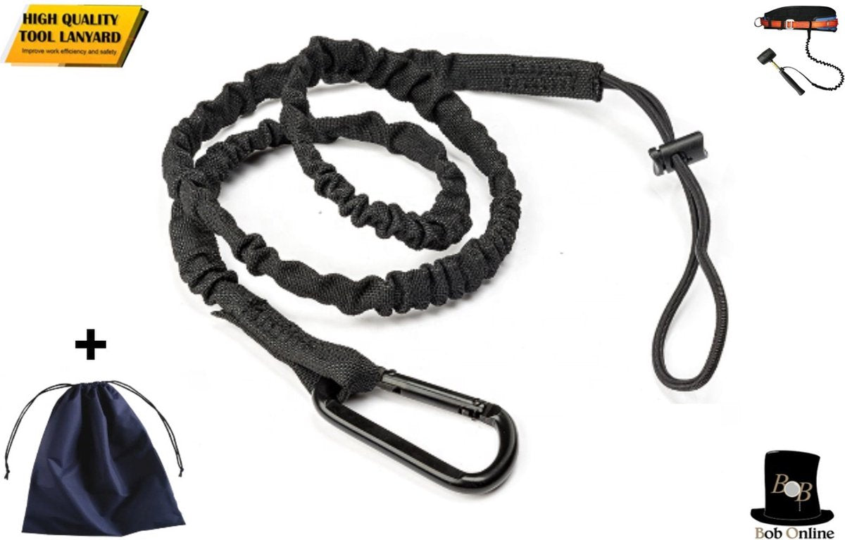 Bob Online ™ - 1 Stuk – Zwart – Gereedschaplijn – Gereedschaplanyard – Elasticate Tool Lanyard – Maximum Load Capacity 2 Kg – Elastisch Gereedschap Lanyard – Gereedschap Valbeveiliging Koord