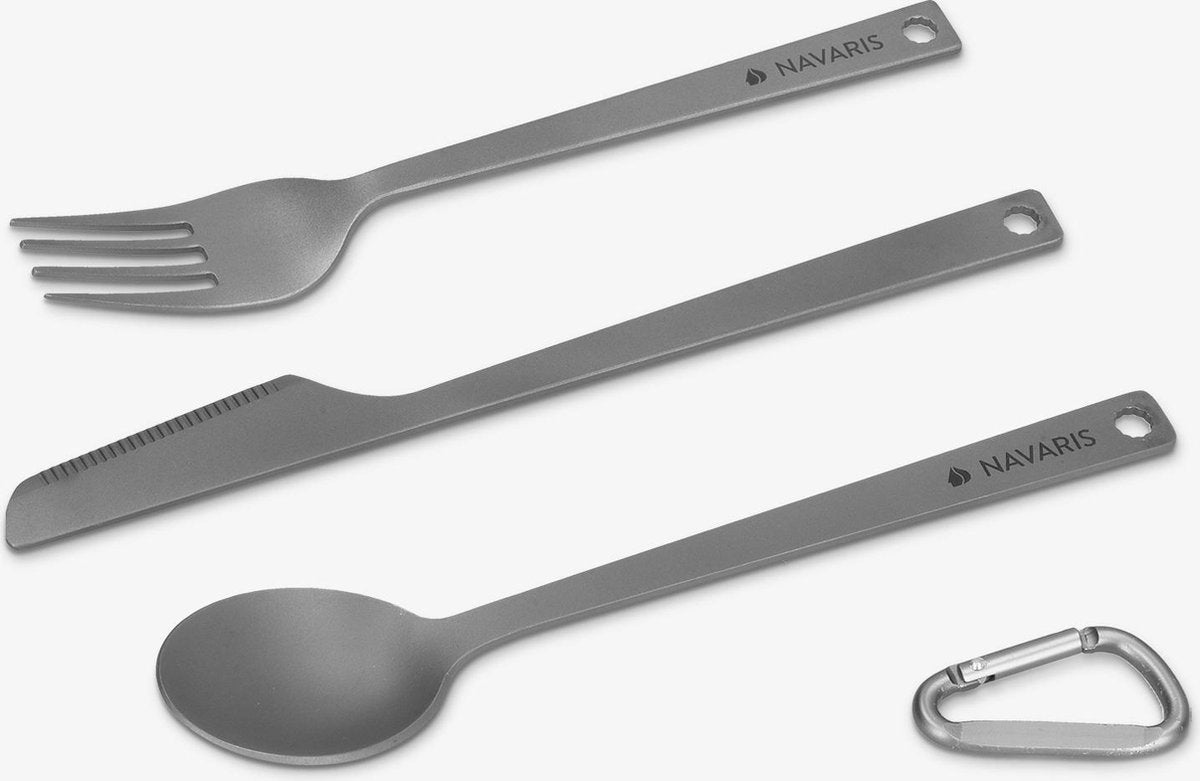  Navaris Campingbestek Van Titanium - Set Met Vork, Mes En Lepel - Bestekset Voor Onderweg En Op Reis - Inclusief Karabijnhaak En Bewaarzakje